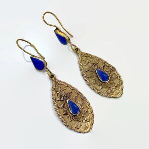 Lapis Earrings, Blue Stone, Vintage, Brass, Middle Eastern, Kuchi, Afghan